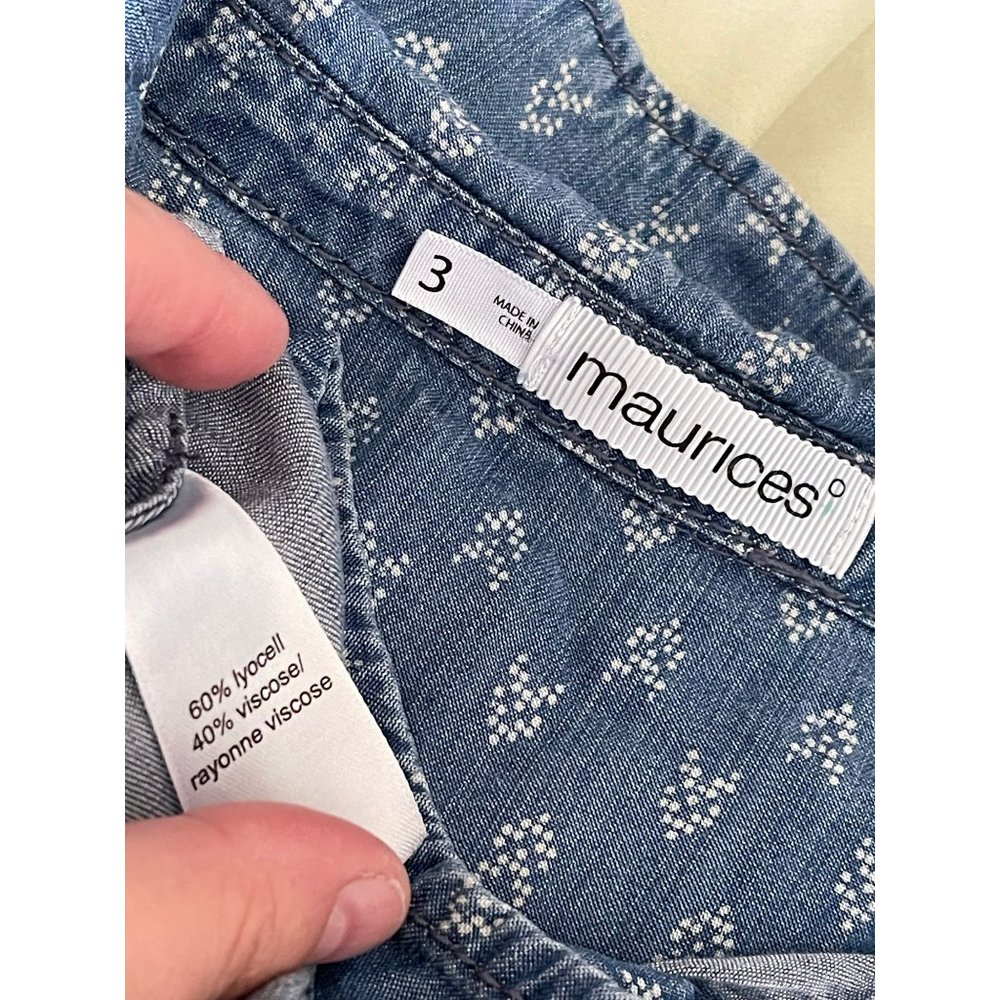 Maurices Blue/White Denim Color Up/Down Arrows Button-Up Long-Sleeve Shirt - Picture 12 of 12